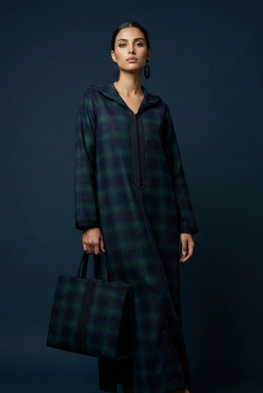 Jellaba Bleu Nuit Carreaux