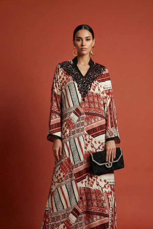 Gandoura Soie Imprimée Rouge