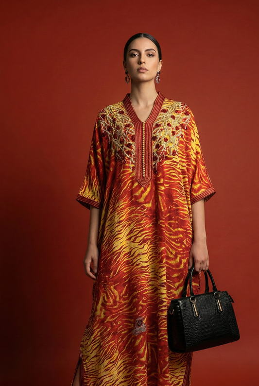 Gandoura Imprimée Orange Brodée